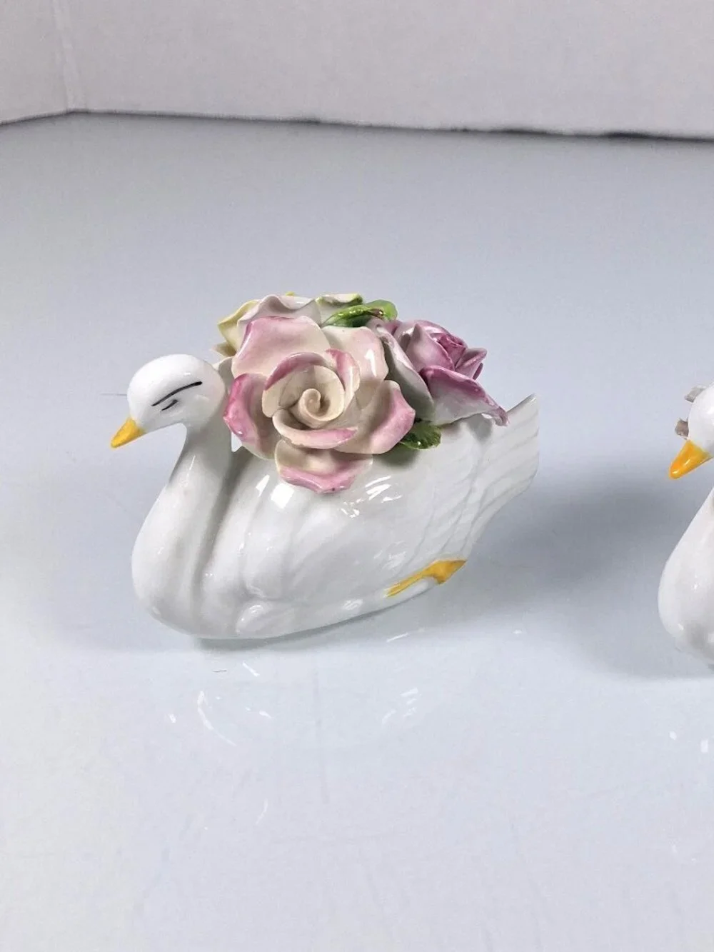 Vintage Jon Anton Fine Bone China Swan Figurines With Floral Bouquets